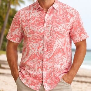 Onia 100% Linen Button Up Floral Shirt Mens XL Short Slv Pink/Coral White Beach